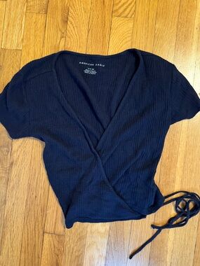 American Eagle Outfitters Navy Wrap Short Sleeve Crop Top with Side Tie